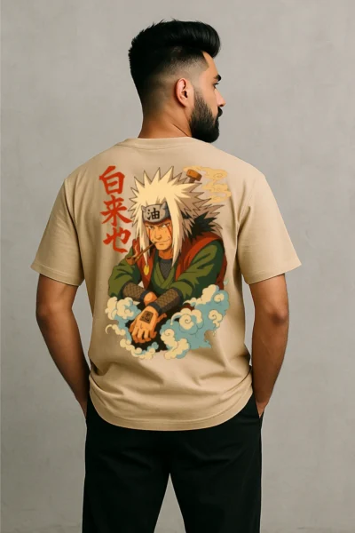 Beige Jiraiya Anime T-Shirt – Oversized Ninja Streetwear Tee